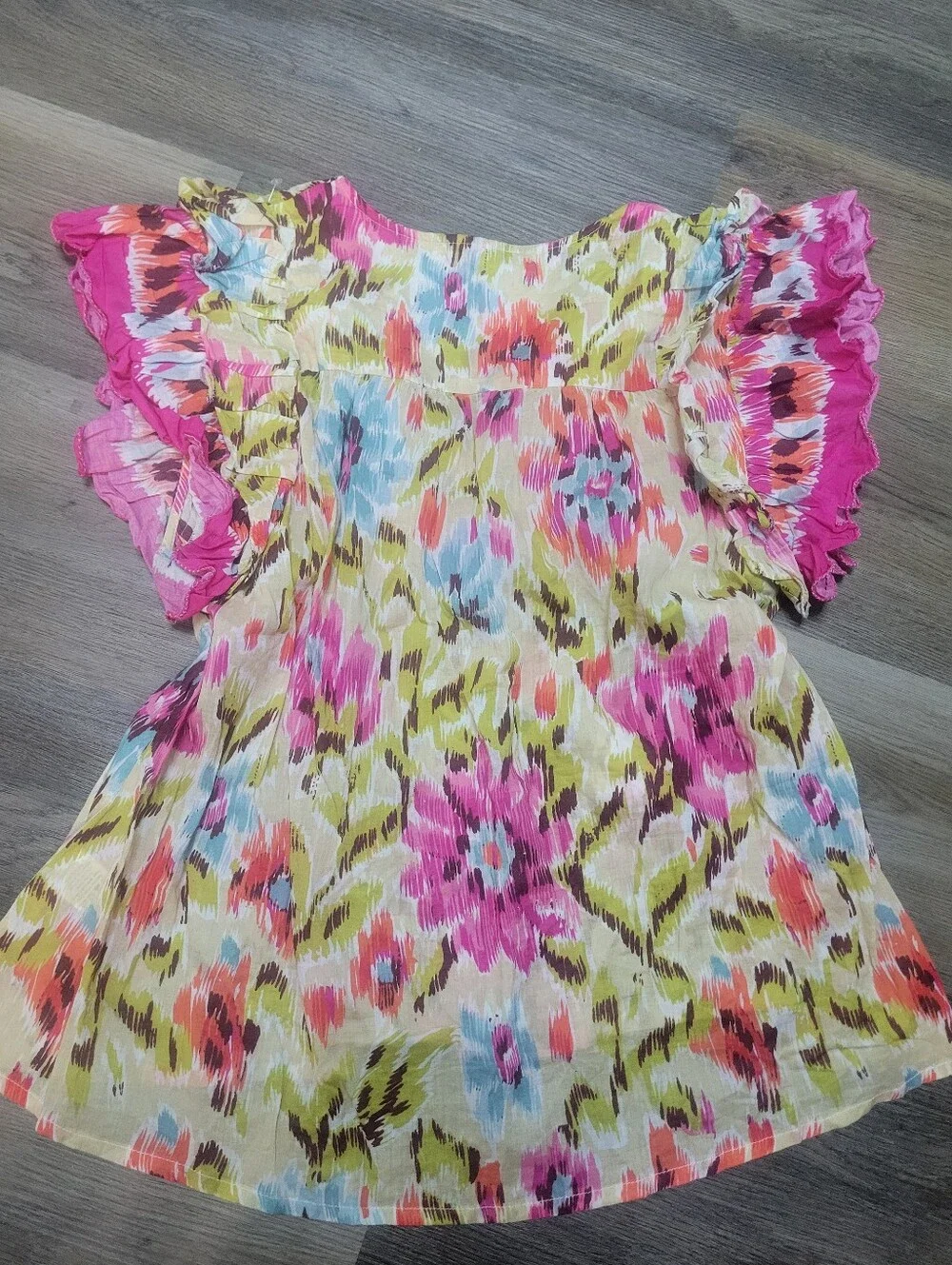 HOUSE OF HARLOW 1960 size L khaki pink ruffle slv peasant 100% cotton floral top